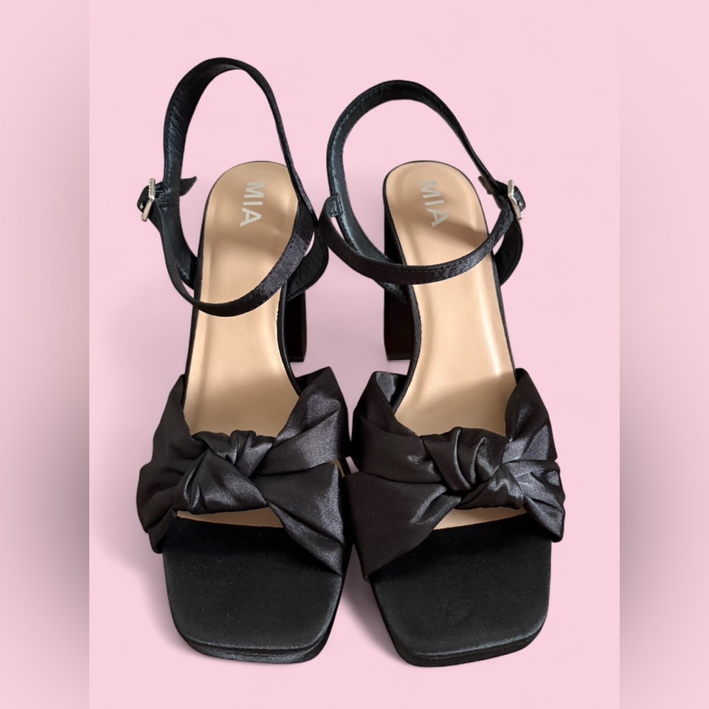 Black Satin Block Heel Platform Sandals with Bow Detail | MIA Size 11 | Party